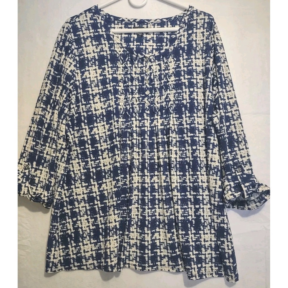 Cocomo Top Womens 2x Blouse V-Neck 3/4 Sleeve Roll Tab Button Blue White